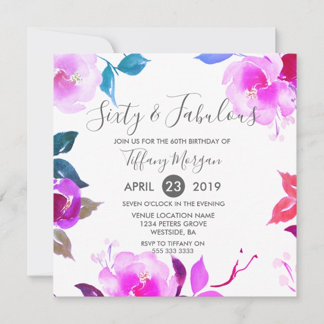 Purple Floral Sixty & Fabulous 60th Birthday Party Invitation (Front)