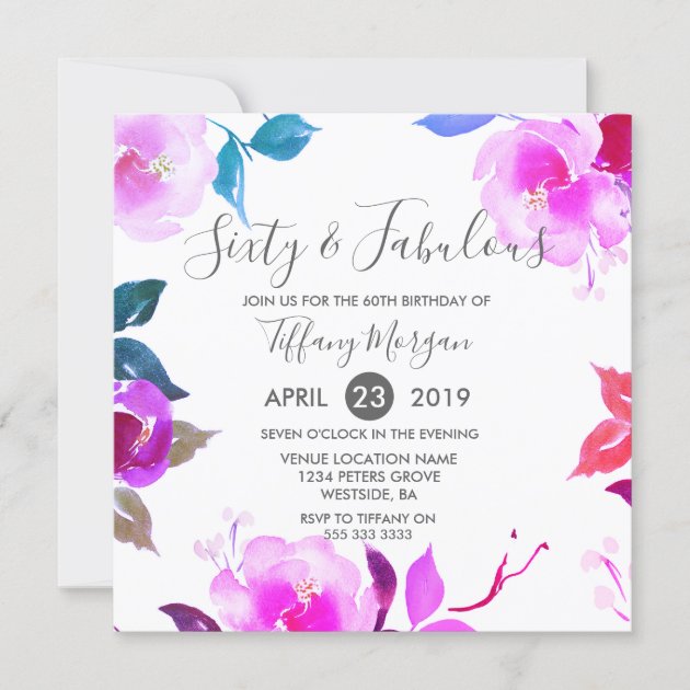 Purple Floral Sixty & Fabulous 60th Birthday Party Invitation | Zazzle