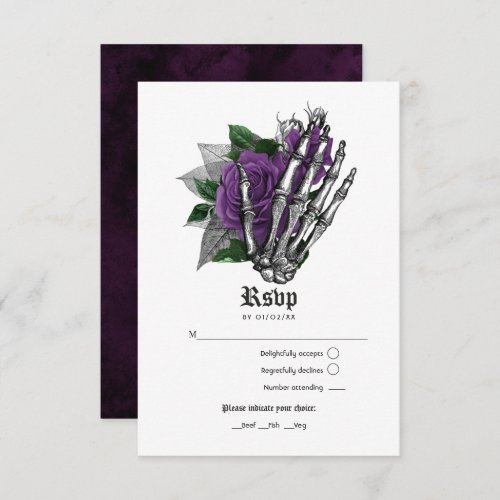 Purple Floral Skeleton Gothic Wedding RSVP Card