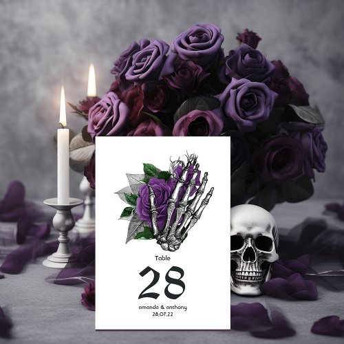 Purple Floral Skeleton Gothic Wedding Table Number