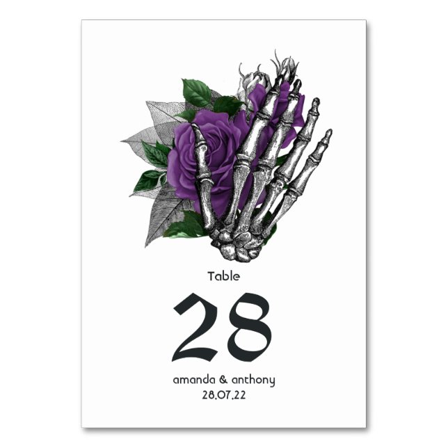 Purple Floral Skeleton Gothic Wedding Table Number (Front)