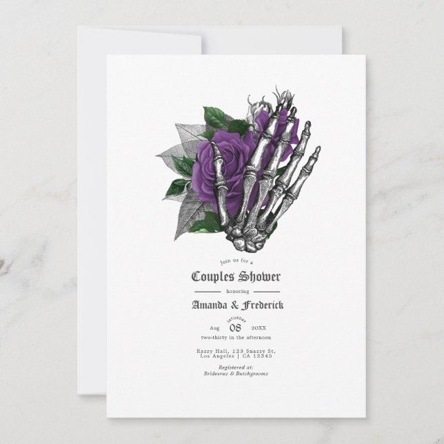 Purple Floral Skull Gothic Couples Shower Invitation (Front)