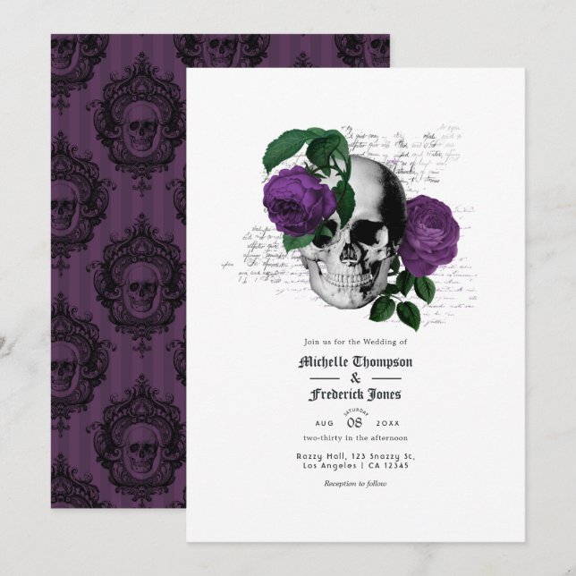 Purple Floral Skull Gothic Wedding Invitation (Front/Back)