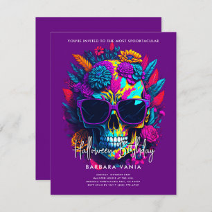 Purple Floral Skull Halloween Birthday Party Invitation
