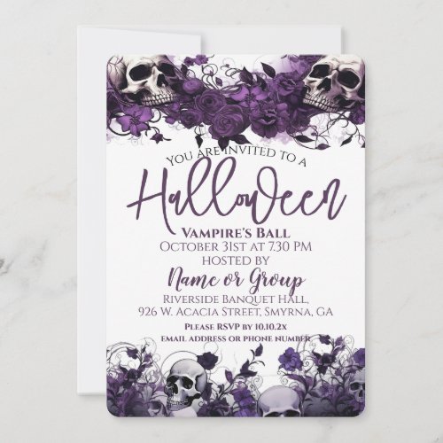 Purple Floral Skull Halloween Party Invitation