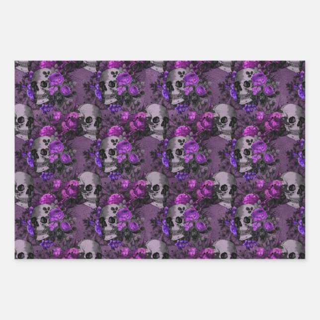 Purple Floral Skulls Wrapping Paper Sheets (Front)