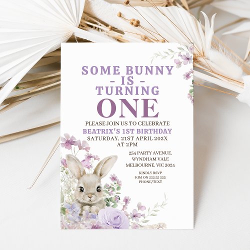 Purple Floral Some Bunny Turning One 1st Birthday Invitation