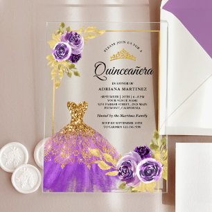 Purple Floral Sparkle Dress Gold Quinceanera Acrylic Invitations
