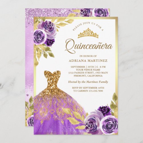 Purple Floral Sparkle Dress Gold Quinceanera Invitation