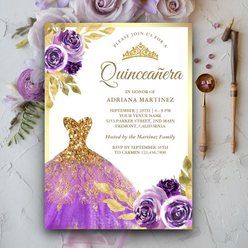 Purple Floral Sparkle Dress Gold Quinceanera Invitation