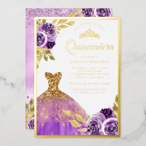 Purple Floral Sparkle Dress Quinceanera Gold Foil Invitation