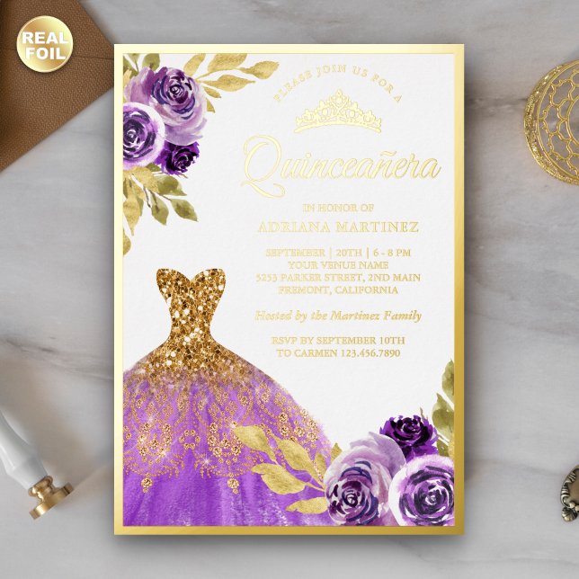 Purple Floral Sparkle Dress Quinceanera Gold Foil Invitation (Creator Uploaded)
