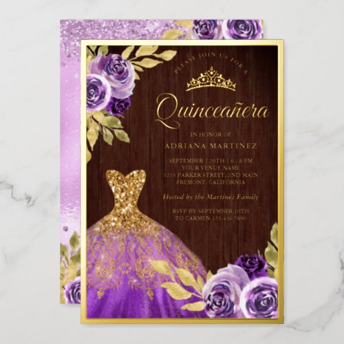 Purple Floral Sparkle Dress Wood Quinceanera Gold Foil Invitation