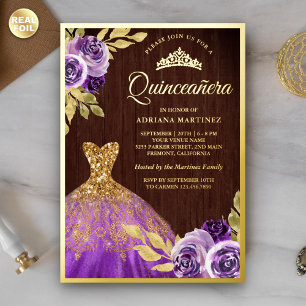 Purple Floral Sparkle Dress Wood Quinceanera Gold Foil Invitation