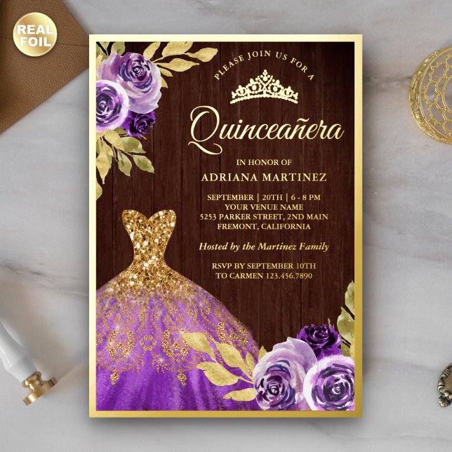 Purple Floral Sparkle Dress Wood Quinceanera Gold Foil Invitation (Creator Uploaded)