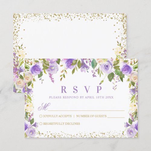 Purple Floral Sparkle Gold Glitter RSVP Card