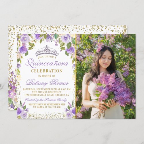 Purple Floral Sparkle Gold Quinceanera Photo Invitation