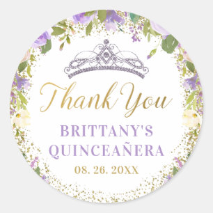 Purple Floral Sparkle Gold Quinceanera Thank You Classic Round Sticker