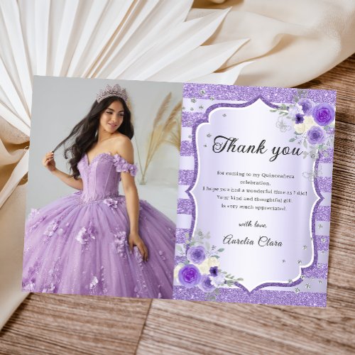 Purple Floral Sparkle Quinceanera Photo Thank You Card