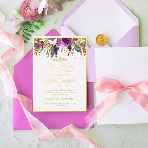 Purple Floral Sparkling Amethyst Quinceanera Foil Invitation