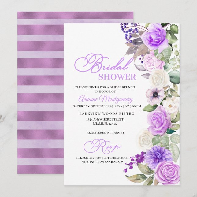 Purple Floral Spring Bridal Shower Invitation (Front/Back)