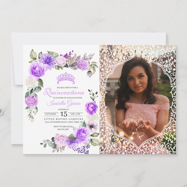Purple Floral Spring Quinceanera Birthday Photo In Invitation (Front)