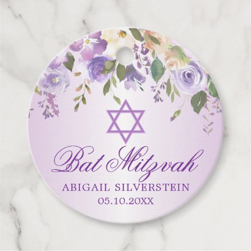 Purple Floral Star David Bat Mitzvah Thank You Favor Tags