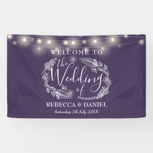 Purple Floral String Lights Script Wedding Banner