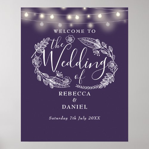 Purple Floral String Lights Wedding Welcome Sign