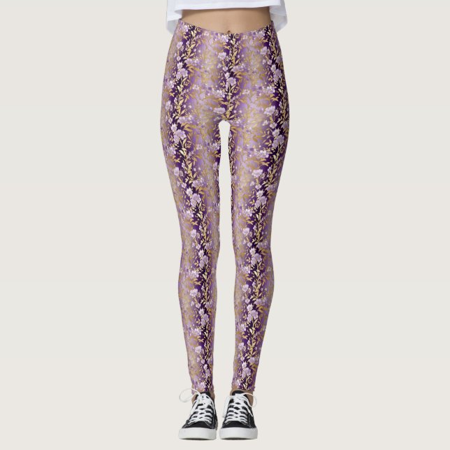 Purple Floral Stripe Pattern Leggings (Front)