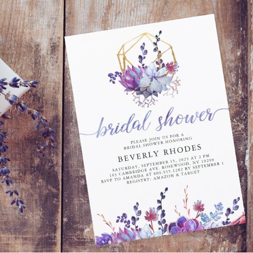 Purple Floral Succulent Bridal Shower Invitation