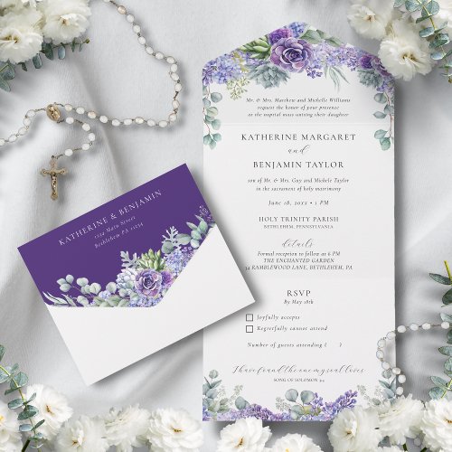 Purple Floral Succulents Eucalyptus Greenery All In One Invitation