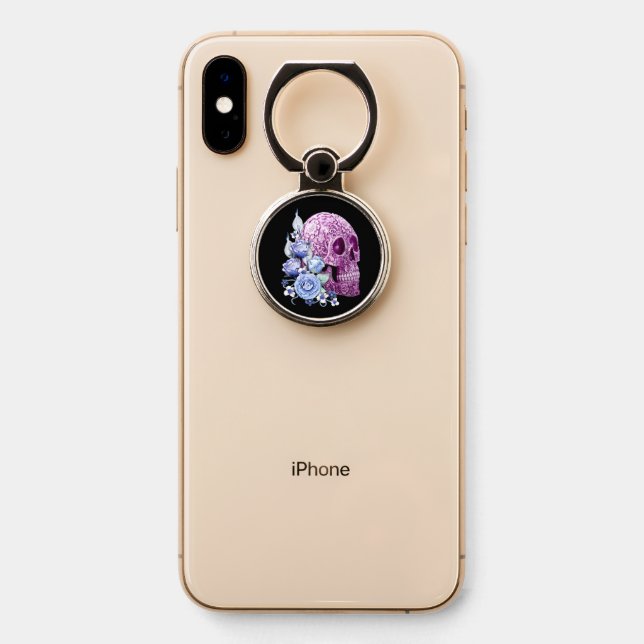 Purple Floral Sugar Skull Blue Flowers Phone Ring Stand (On Phone)