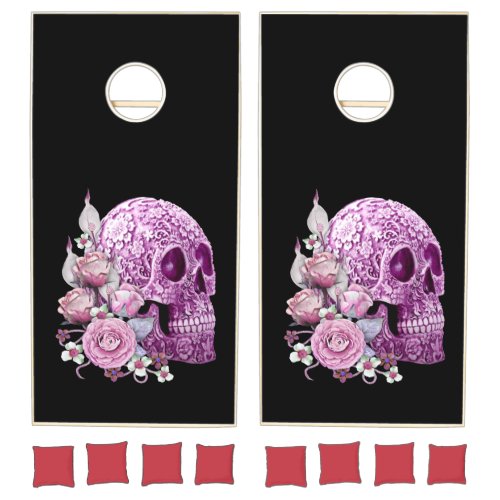 Purple Floral Sugar Skull Pink Flowers Cornhole Set