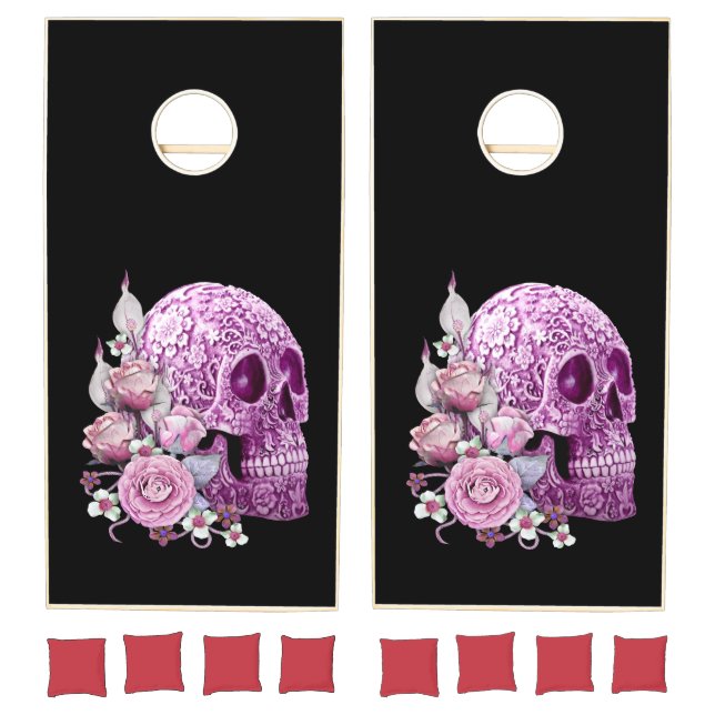 Purple Floral Sugar Skull Pink Flowers Cornhole Set (Set)