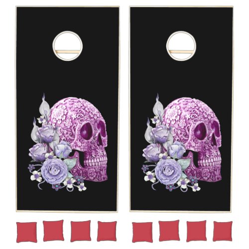 Purple Floral Sugar Skull Purple Flowers Cornhole Set