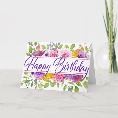 Purple Floral Summer Happy Birthday Card