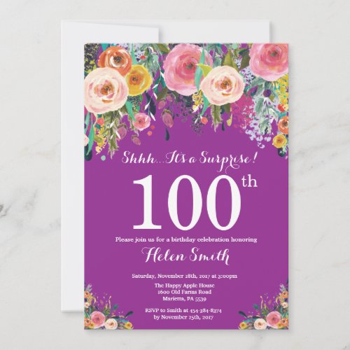 Purple Floral Surprise 100th Birthday Invitation