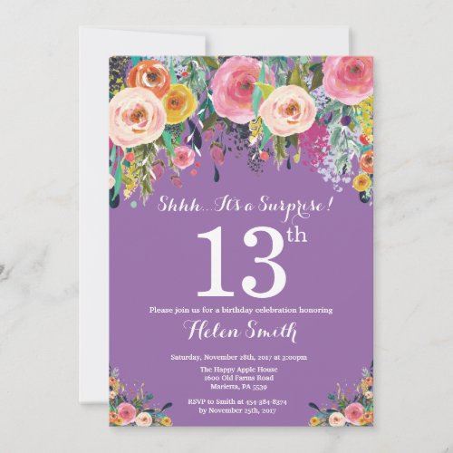 Purple Floral Surprise 13th Birthday Invitation