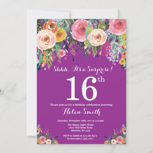 Purple Floral Surprise 16th Birthday Invitation