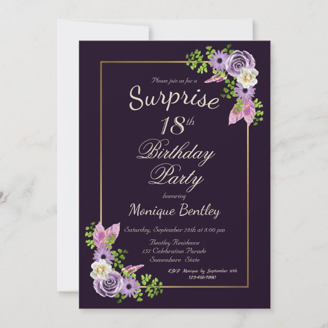 Purple Floral Surprise 18th Birthday Party Invitation (Front)
