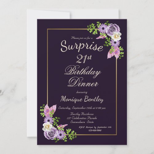 Purple Floral Surprise 21st Birthday Dinner Invitation