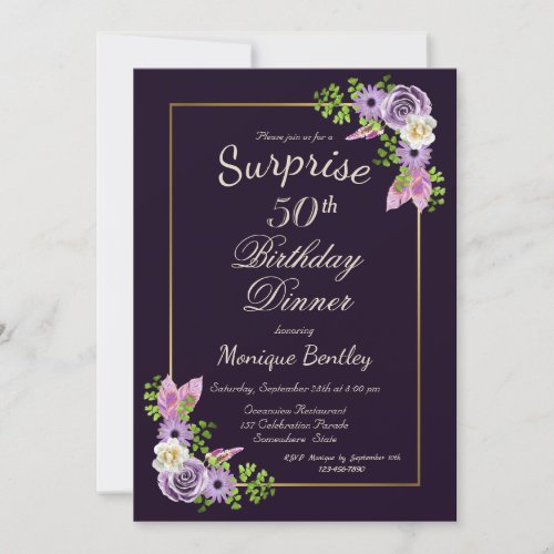 Purple Floral Surprise 50th Birthday Dinner Invitation