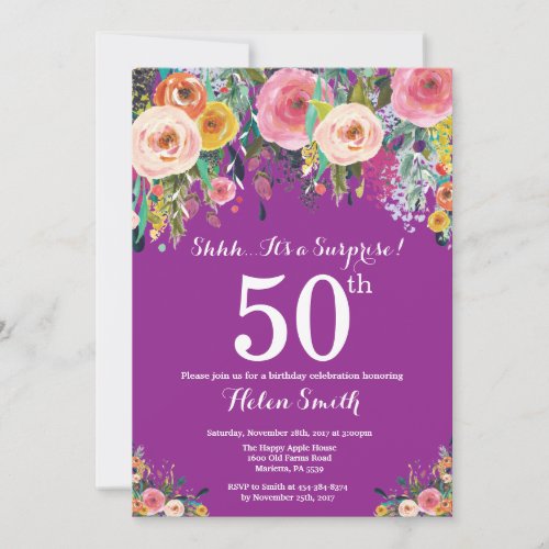 Purple Floral Surprise 50th Birthday Invitation