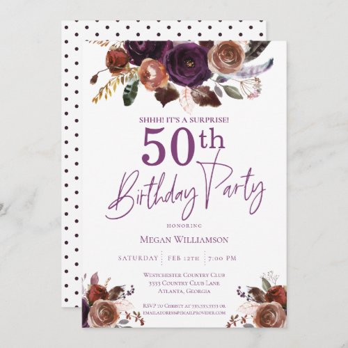 Purple Floral Surprise 50th Birthday Party Invitation