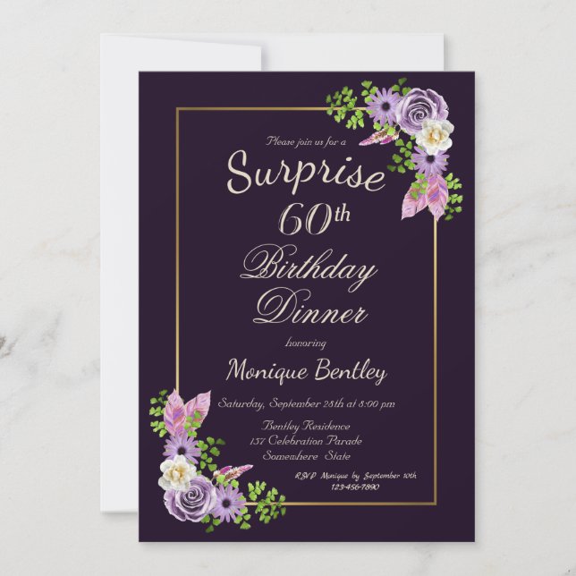 Purple Floral Surprise 60th Birthday Dinner Invitation (Front)