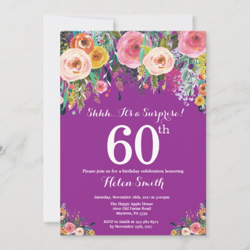 Purple Floral Surprise 60th Birthday Invitation