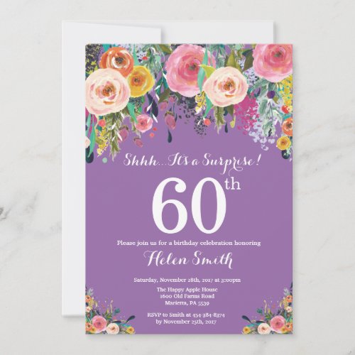 Purple Floral Surprise 60th Birthday Invitation