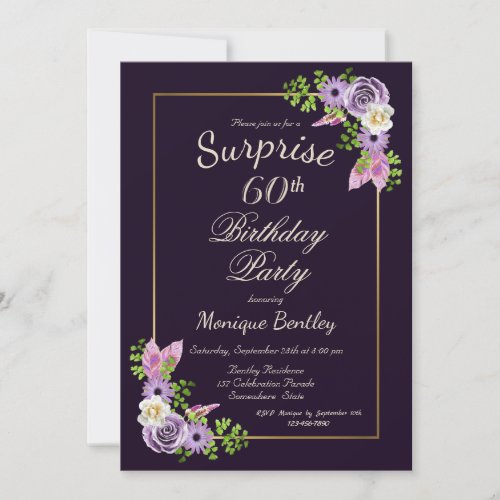 Purple Floral Surprise 60th Birthday Party Invitation