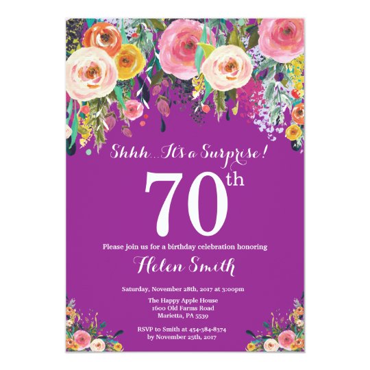 Purple Floral Surprise 70th Birthday Invitation | Zazzle.com